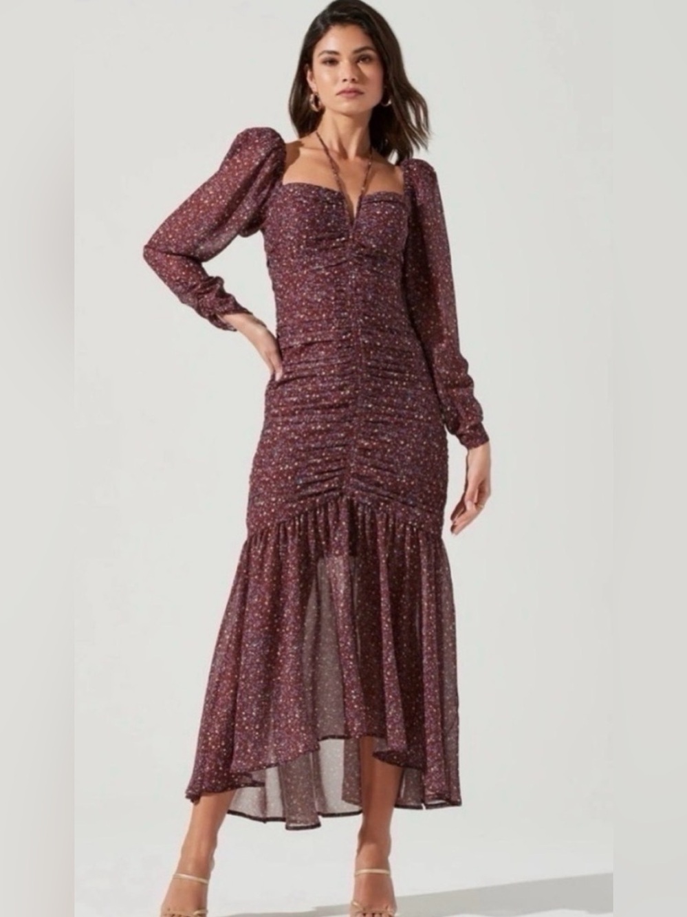 ASTR the Label Athena Floral Ruched Maxi Dress Brown Purple M